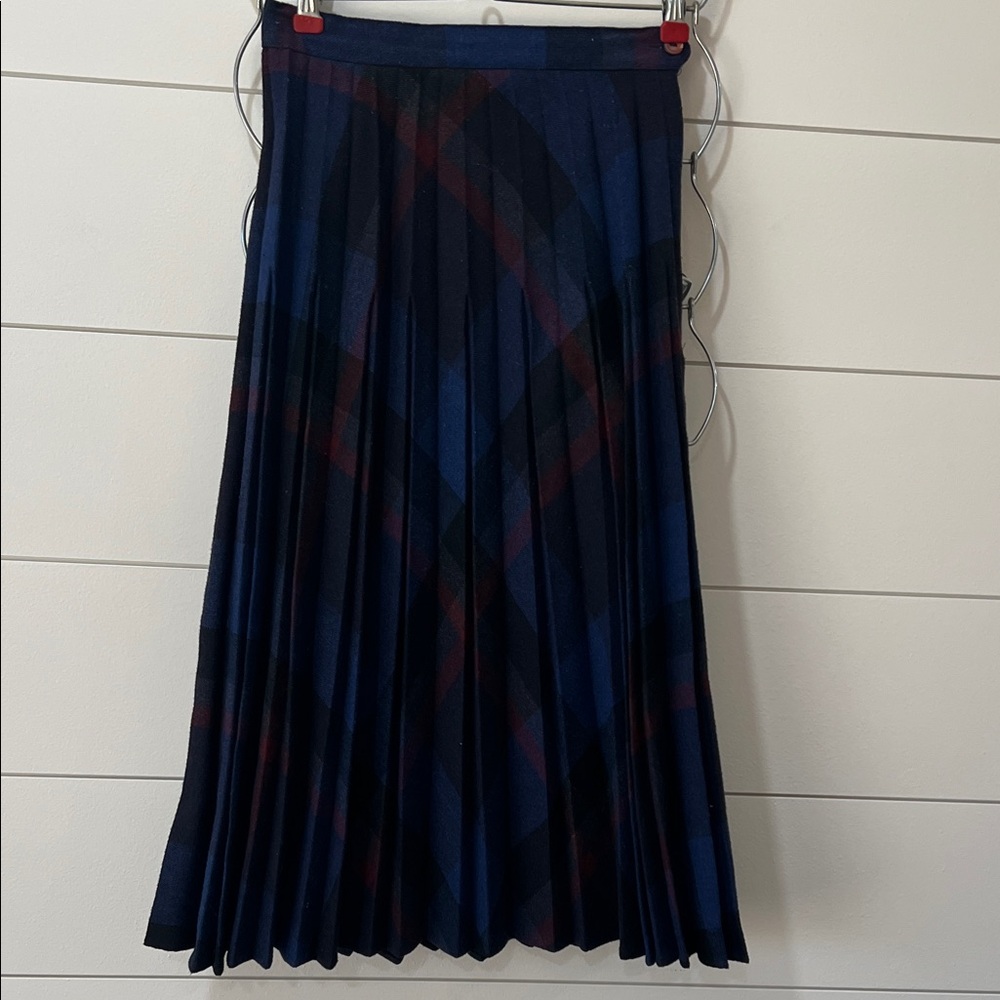 Pleated Navy Plaid Midi Skirt - Women's Classic A-Line